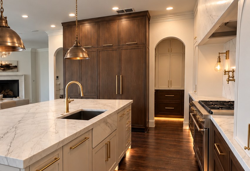 Kitchen remodel in North Texas with a professional gas range, full-height marble hood surround, brass pot filler, and a marble waterfall island